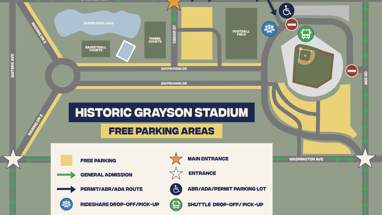 Map of free parking areas around Historic Grayson Stadium in Daffin Park, with the rideshare drop-off, shuttle stop and ADA lot on the third base side.