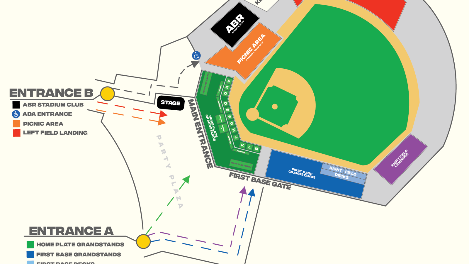 Map of Grayson Stadium ticket zones. Entrance A serves the Home Plate Grandstands, First Base Grandstands, First Base Decks and Right Field Landing. Entrance B serves the ABR Stadium Club, ADA entrance, Picnic Area and Left Field Landing.